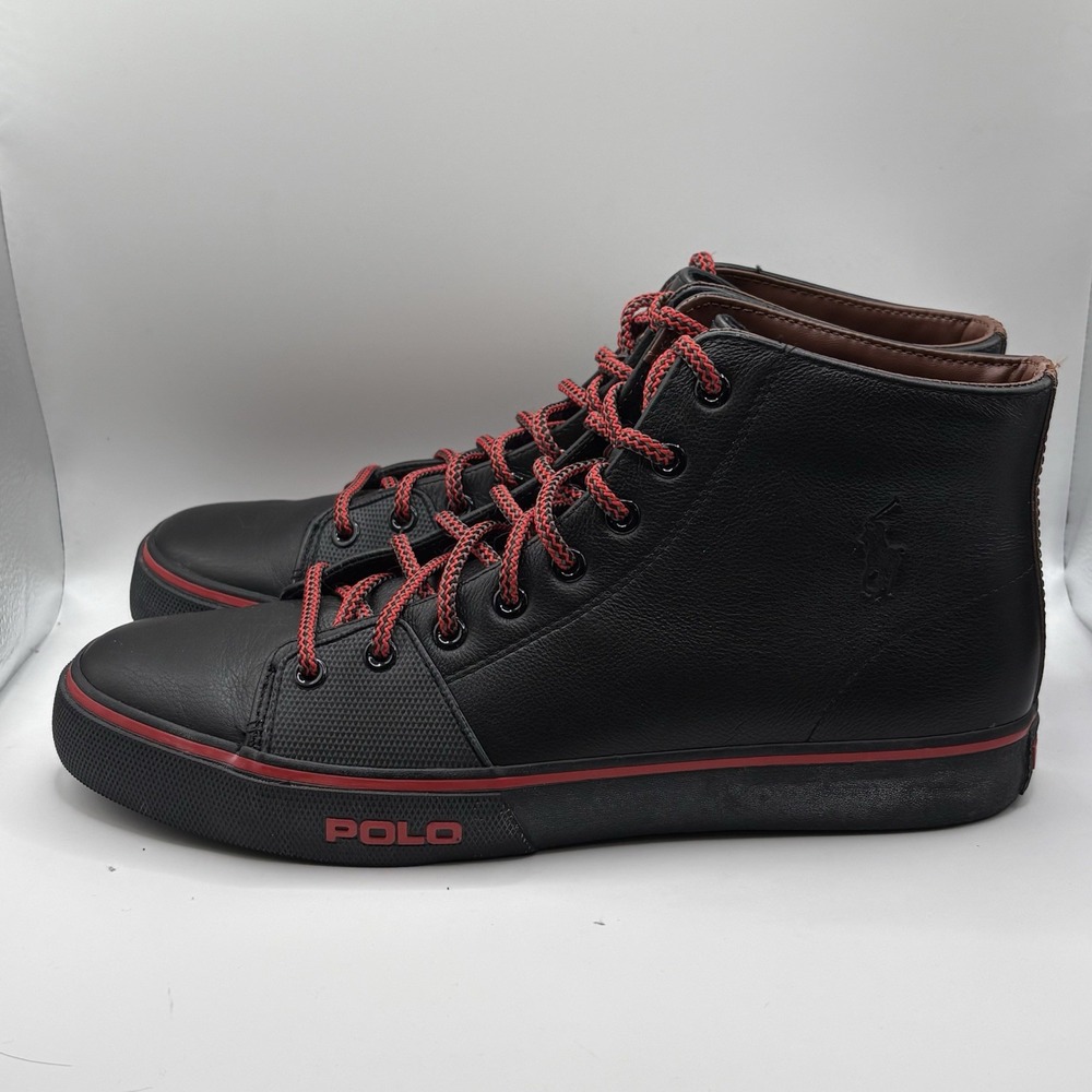 Polo Ralf Lauren Cantor High II Black/Red Tumbled Leather Ankle Sneaker Men 10D